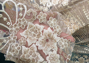Champagne Gorgeous Flowers Sequin Lace Fabric With Dot Scalloped For Party Gown