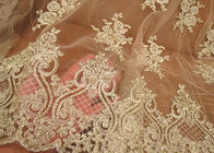 Vintage Corded Floral Gold Bridal Lace Fabric , Embroidered Net Lace Fabric For Gown