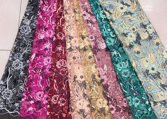 Gold Silver Sequin Fabric , Multi Colored Embroidered Floral Dress Lace Fabric
