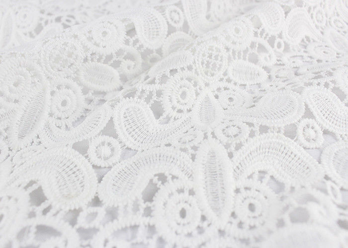 Embroidery White Stretch Lace Fabric , Water Soluble Guipure Lace Fabric For Wedding Dresses